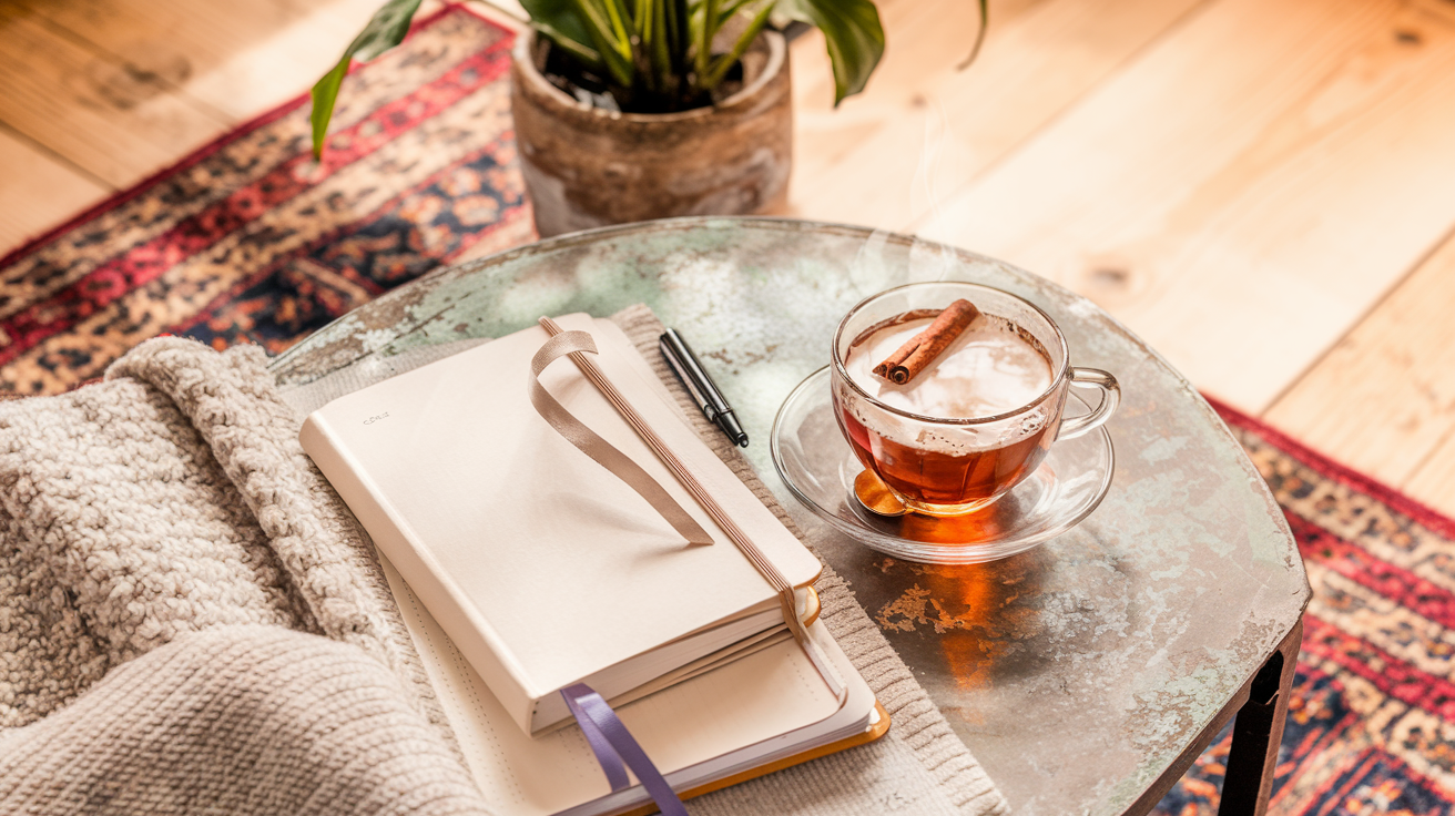 A journal, pen, and cup of tea arranged on a rustic table for a peaceful journaling session.