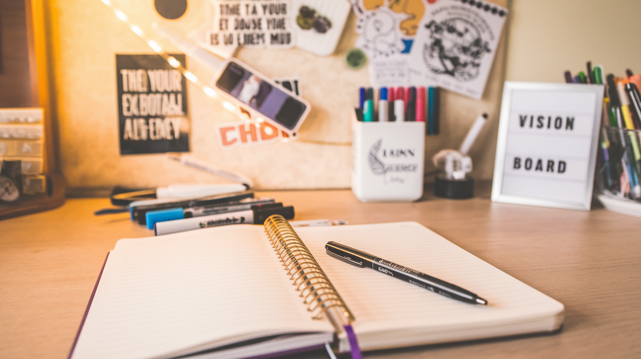 A journal, pen, and vision board arranged on a desk for New Year goal setting and manifestation.