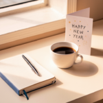 A journal, pen, and cup of coffee arranged on a desk, ready for New Year reflections.