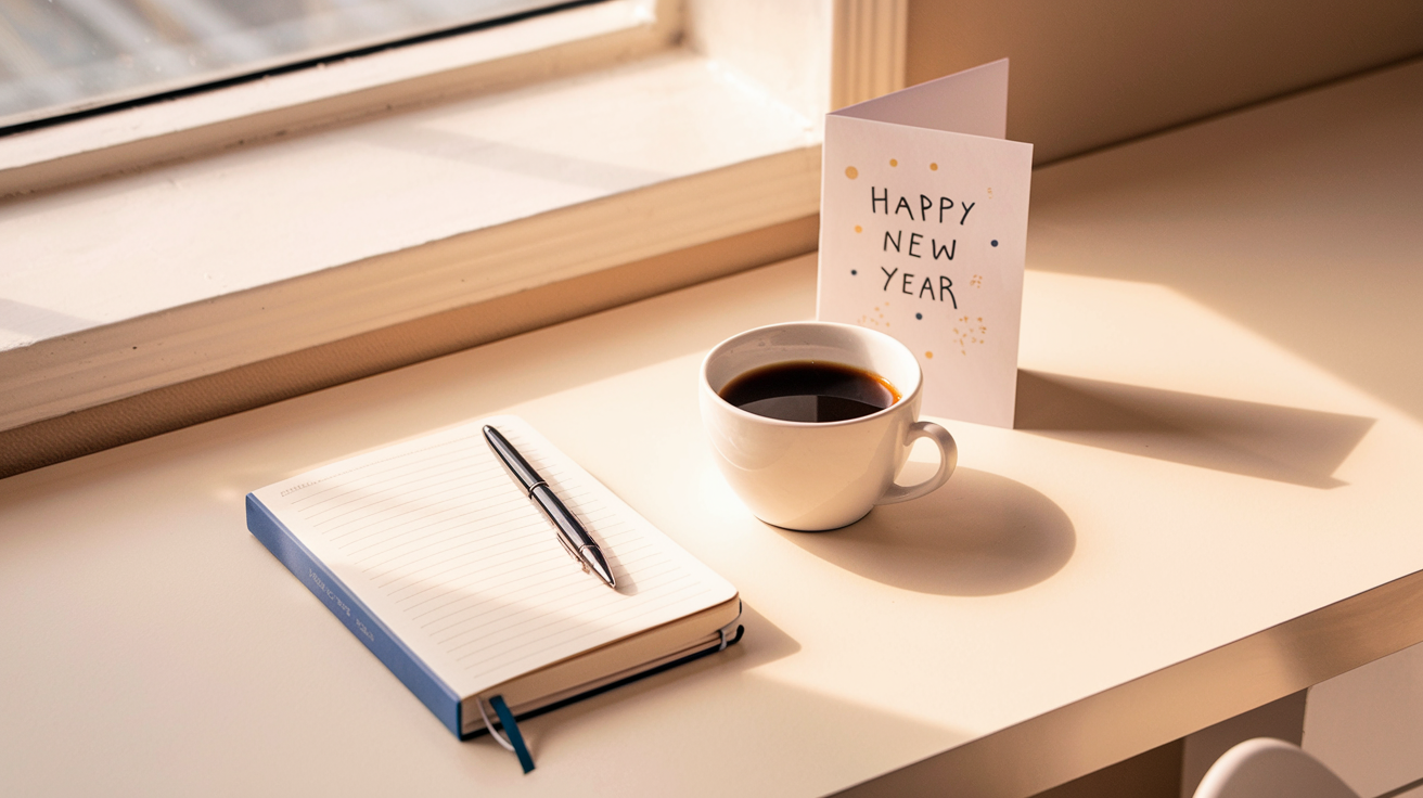 A journal, pen, and cup of coffee arranged on a desk, ready for New Year reflections.