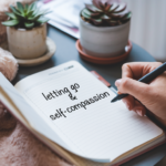 A hand writing therapeutic phrases in a journal, set against a cozy background with a plant.