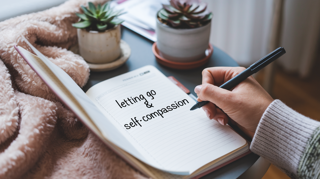 A hand writing therapeutic phrases in a journal, set against a cozy background with a plant.