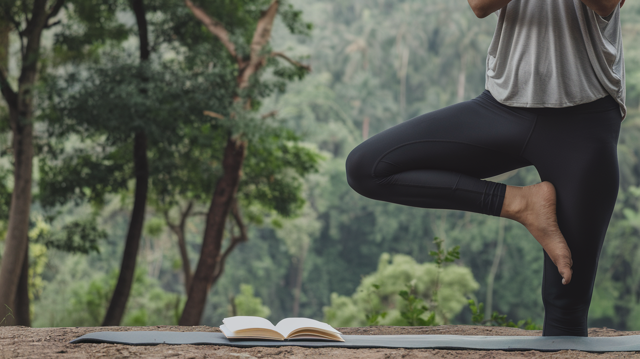 A person practicing yoga outdoors with a fitness journal beside them.