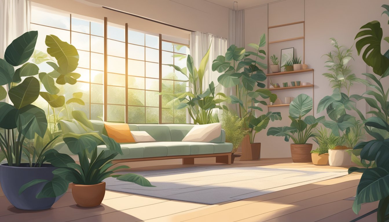 A serene, sunlit room with a comfortable cushion for meditation, surrounded by plants and calming decor