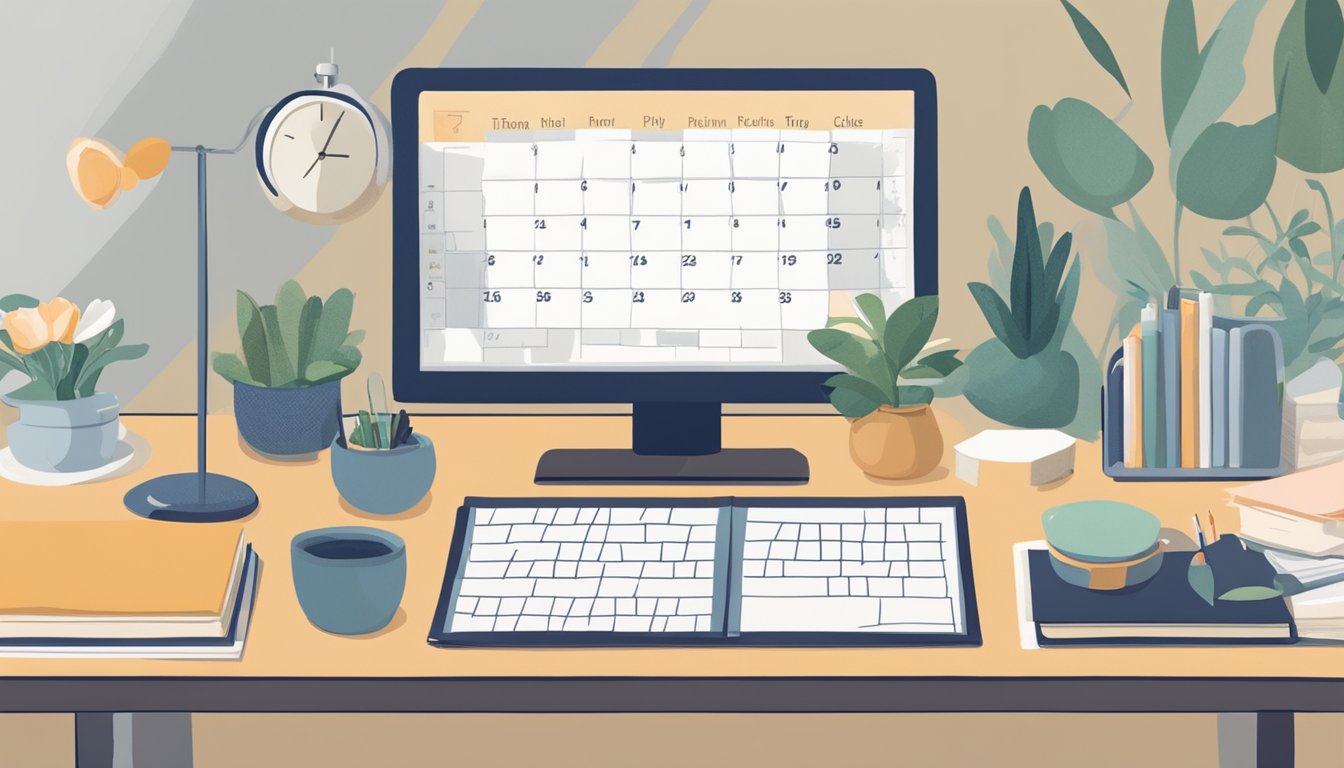 A cozy room with a calendar, clock, and various self-care items arranged neatly on a table. A clear division between work and personal time is evident