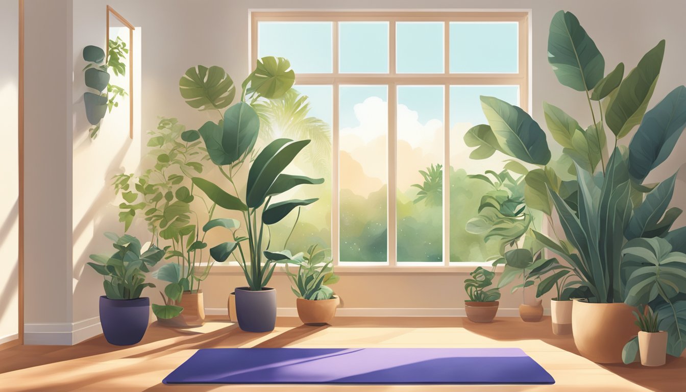 A serene, sunlit room with a yoga mat surrounded by plants and soft music playing in the background