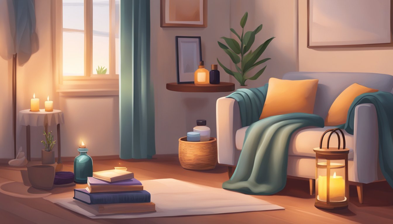 A cozy room with soft lighting, a comfortable chair, a warm blanket, and a selection of self-care items such as candles, essential oils, and a journal