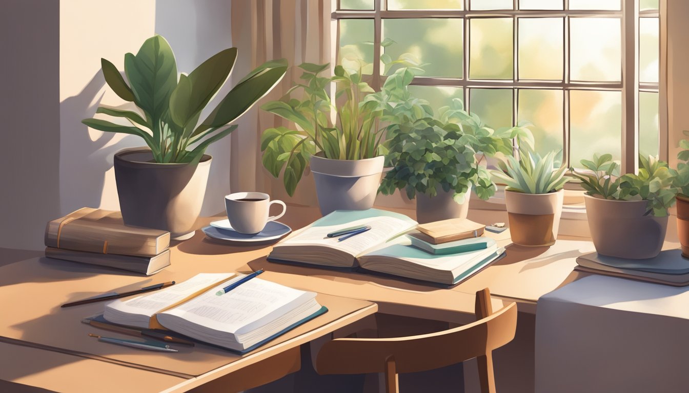 A cozy corner with a desk, art supplies, and a journal. A cup of tea, plants, and soft lighting create a calming atmosphere for creative expression