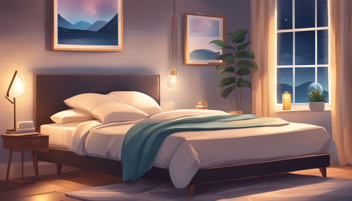 A cozy bedroom with a comfortable bed, soft pillows, and a warm blanket. A dimly lit bedside table with a book and a glass of water