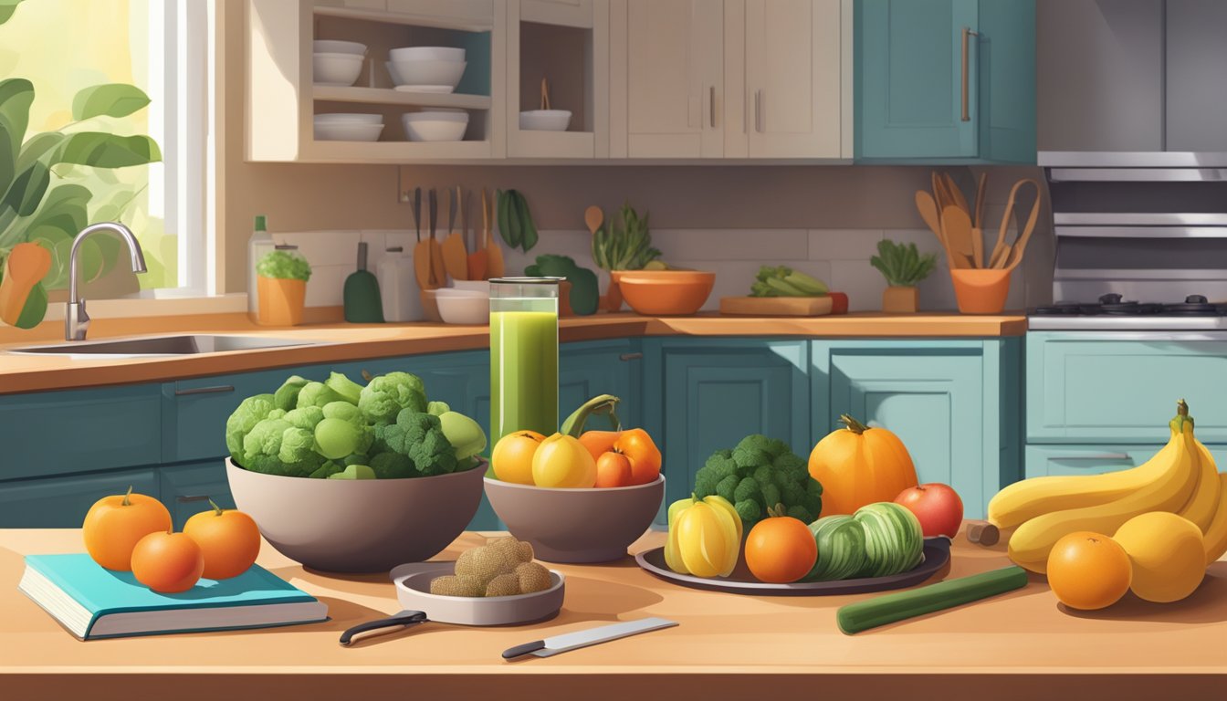 A colorful kitchen counter filled with fresh fruits, vegetables, and cooking utensils. A yoga mat, journal, and scented candles nearby